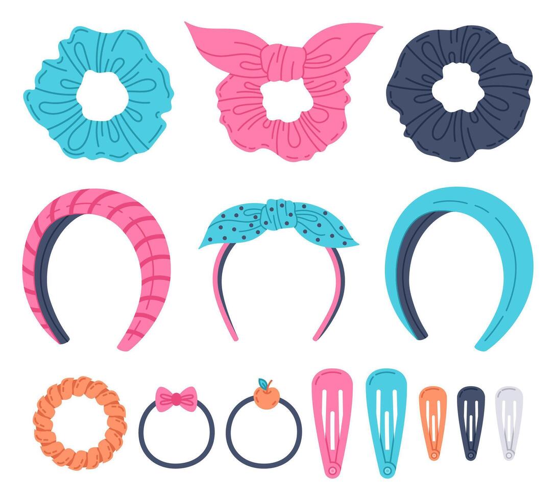 garabatear muchachas pelo accesorios. dibujos animados mujer pelo atar, diademas, elástico bandas, pelo aros y coleteros. pelo accesorio vector ilustración símbolos conjunto