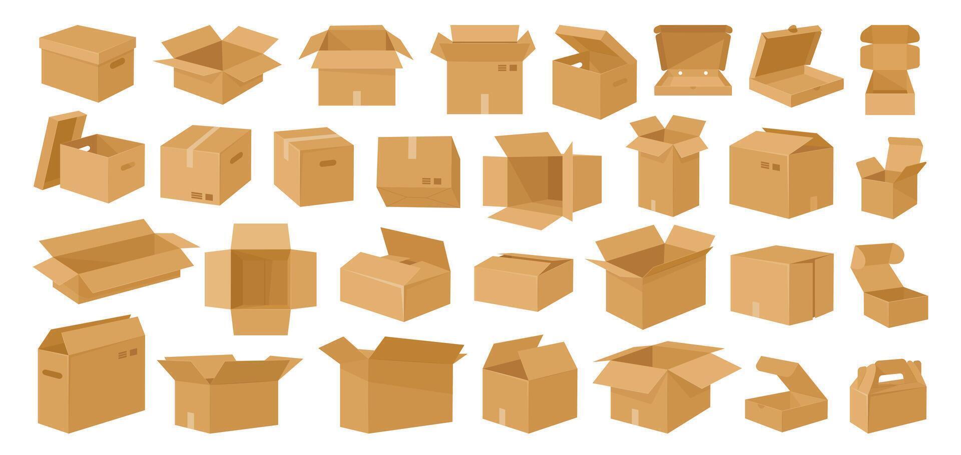Cartoon cardboard boxes. Carton delivery boxes, open and closed shipping package with fragile signs, parcel delivery boxes flat vector illustration set. Cardboard box collection