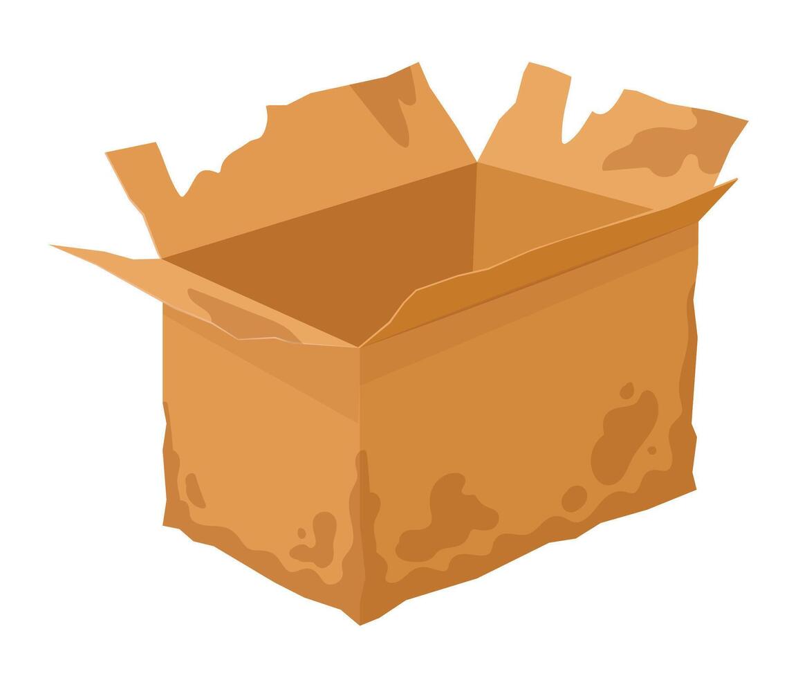 Broken carton box. Crumpled cardboard box, damaged delivery package flat vector illustration. Wet crumpled cardboard box