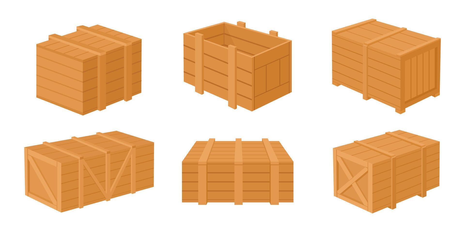 Wooden boxes. Cargo shipping wooden boxes, delivery packages flat vector illustration set. Delivery package collection