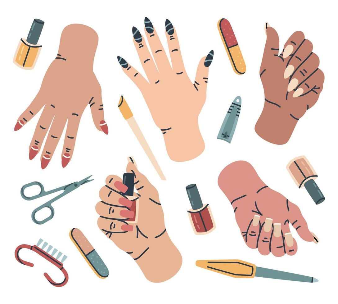 Hand drawn female hands with manicure accessories. Hand care manicure equipment, nail polish scissors and nail file cartoon vector illustration set. Manicure tools
