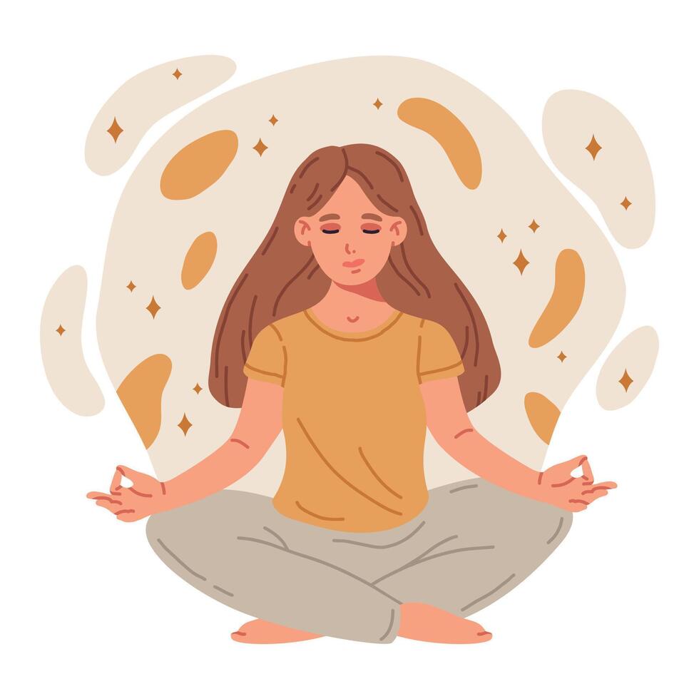 Female sitting in yoga lotus pose. Meditating tranquil woman, meditation and breath exercise. Stress relief and relaxation flat vector illustration