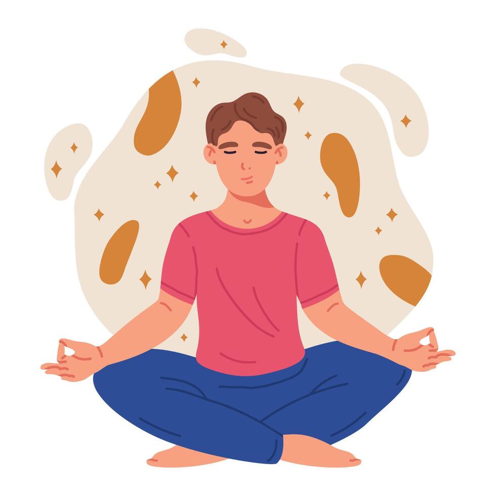 Meditating guy. Male character meditating in yoga lotus pose, calm, tranquility and meditation flat vector illustration. Man meditating