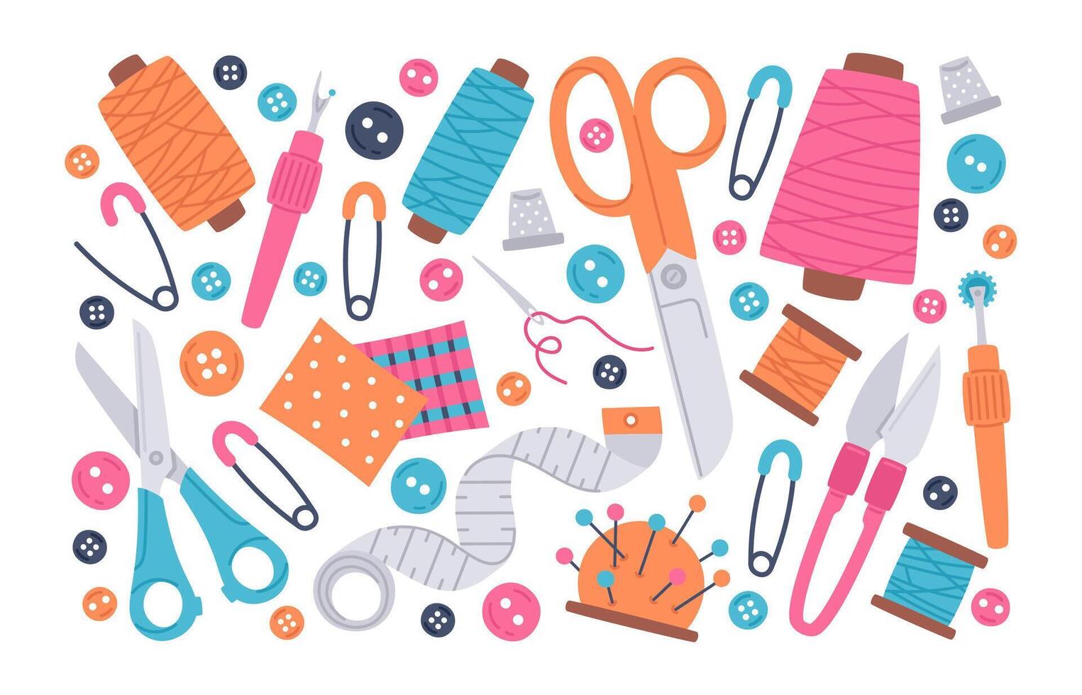 Needlework, sewing and stitching doodle supplies. Doodle buttons, scissors, needles and thread spools, sewing tools cartoon vector illustration icons set