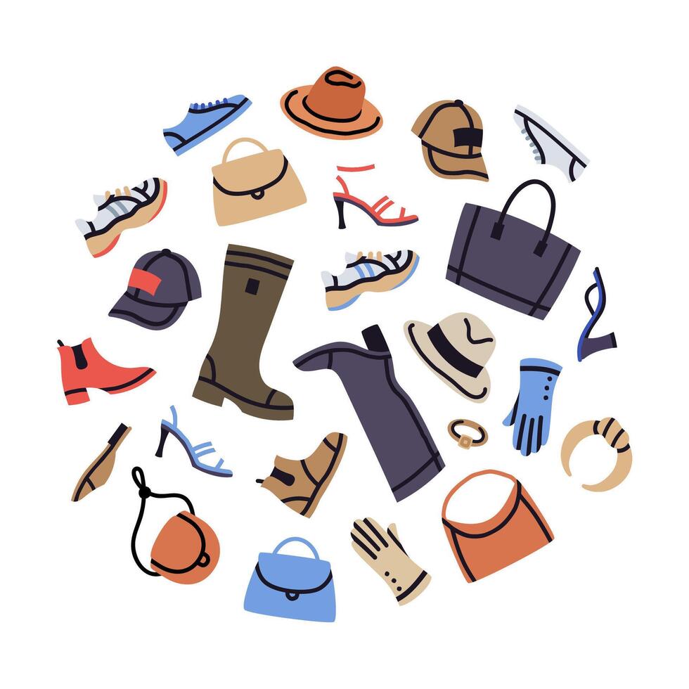 Doodle fashion female wardrobe accessories. Casual trendy shoes, bags and hats cartoon vector illustration set. Stylish wardrobe items