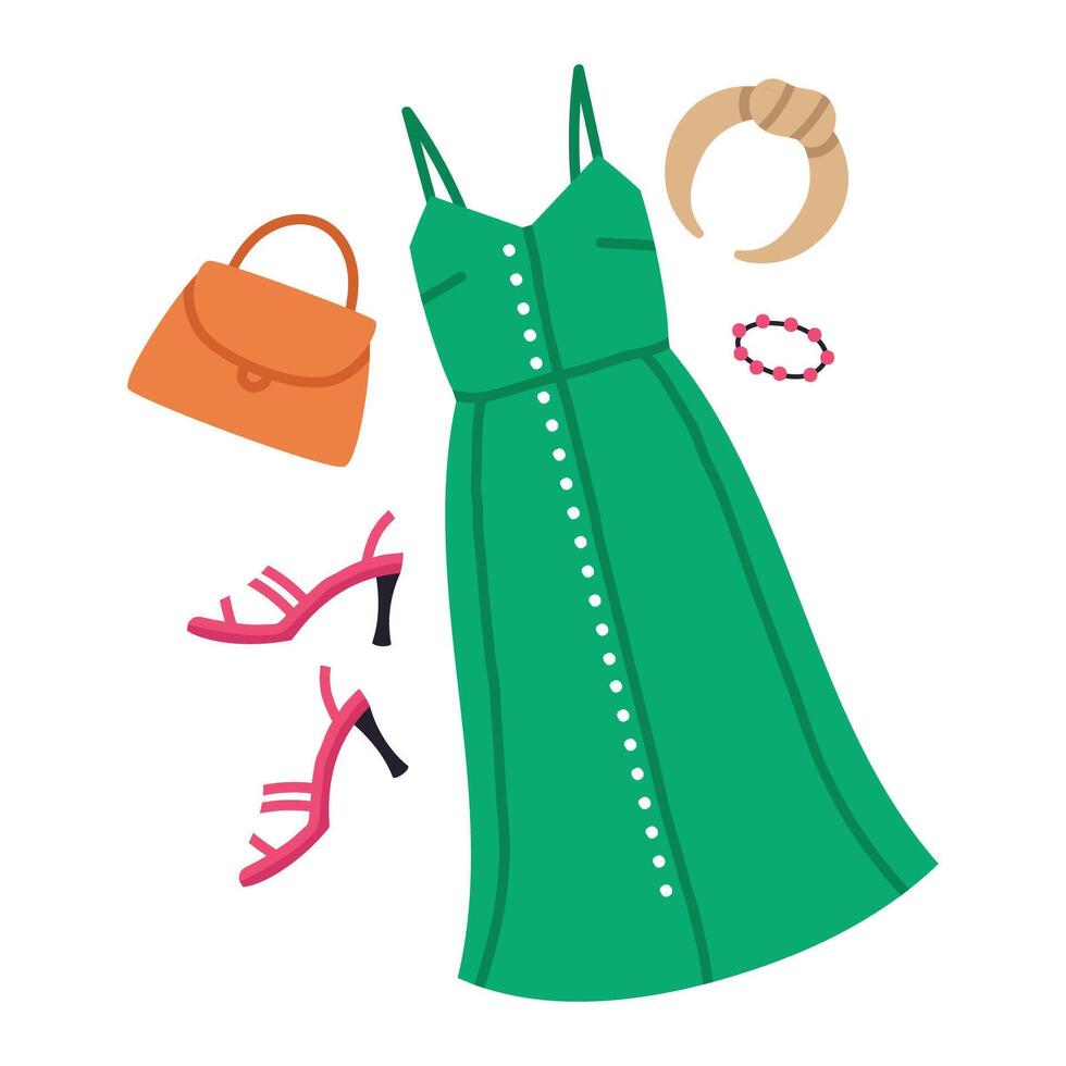 Female summer outfit. Dress and heels summer trendy outfit, fashion wardrobe clothes, modern feminine look flat vector illustration. Fashion clothes set
