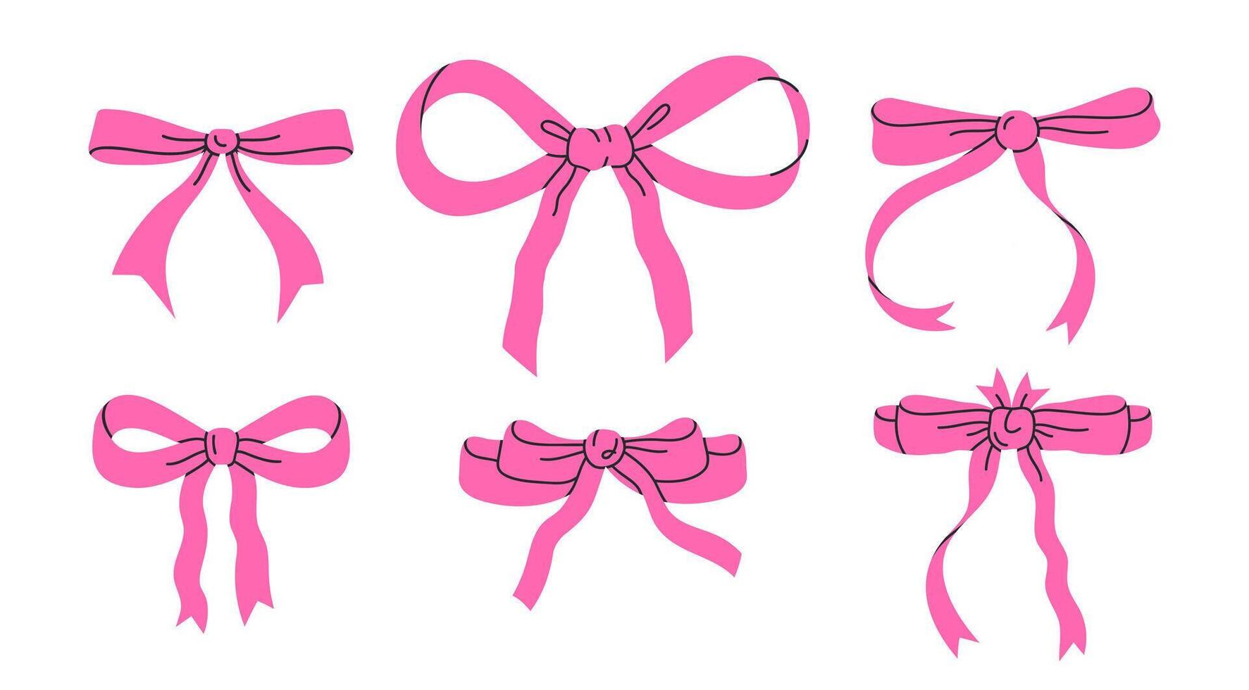 Hand drawn silk bows. Birthday gifts pink ribbon decoration, holidays gift boxes packaging elements flat vector illustration set. Rosy bows collection
