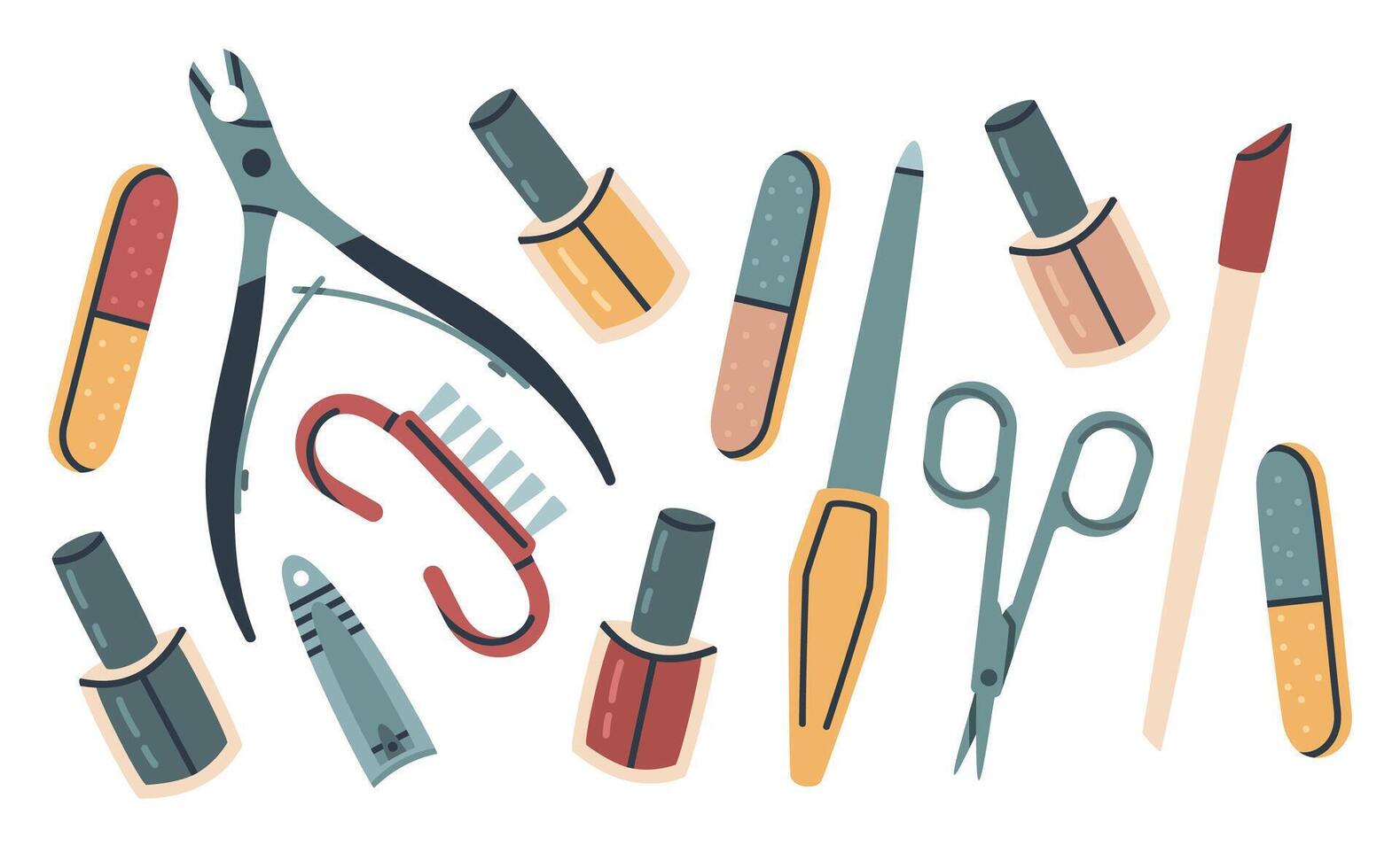 Manicure accessories, doodle pedicure nail service equipment. Hand drawn tweezers, nail scissors and nail polish vector illustration set. Cartoon manicure tools