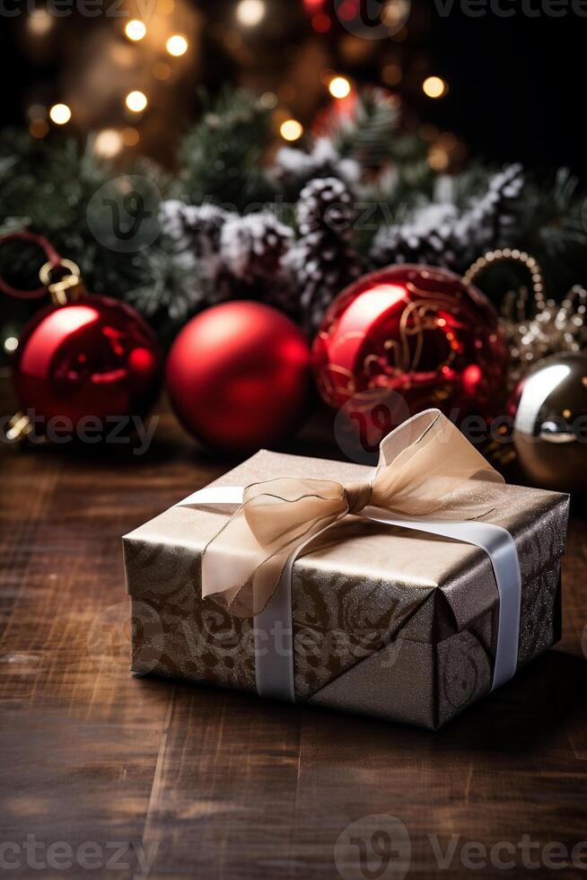 ai generado Navidad antecedentes con decoraciones y regalos, pino sucursales, Papa Noel sombrero, juguetes, pelotas. nuevo año saludo tarjeta, Copiar espacio. foto