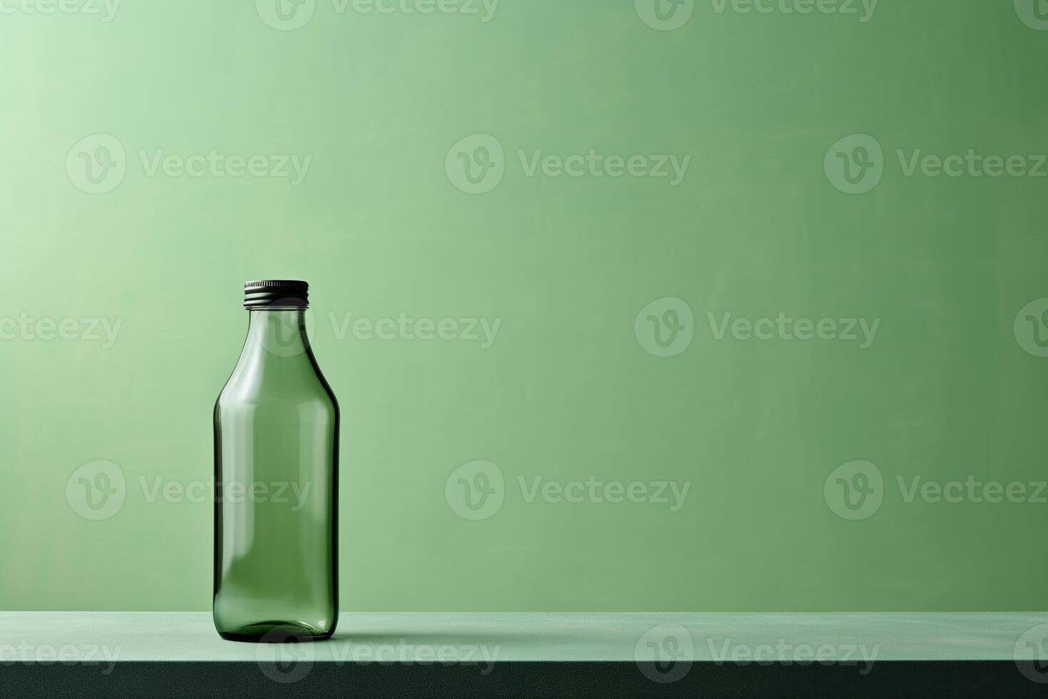 AI generated A green glass bottle is placed on top of a table, creating a simple yet rustic composition. photo
