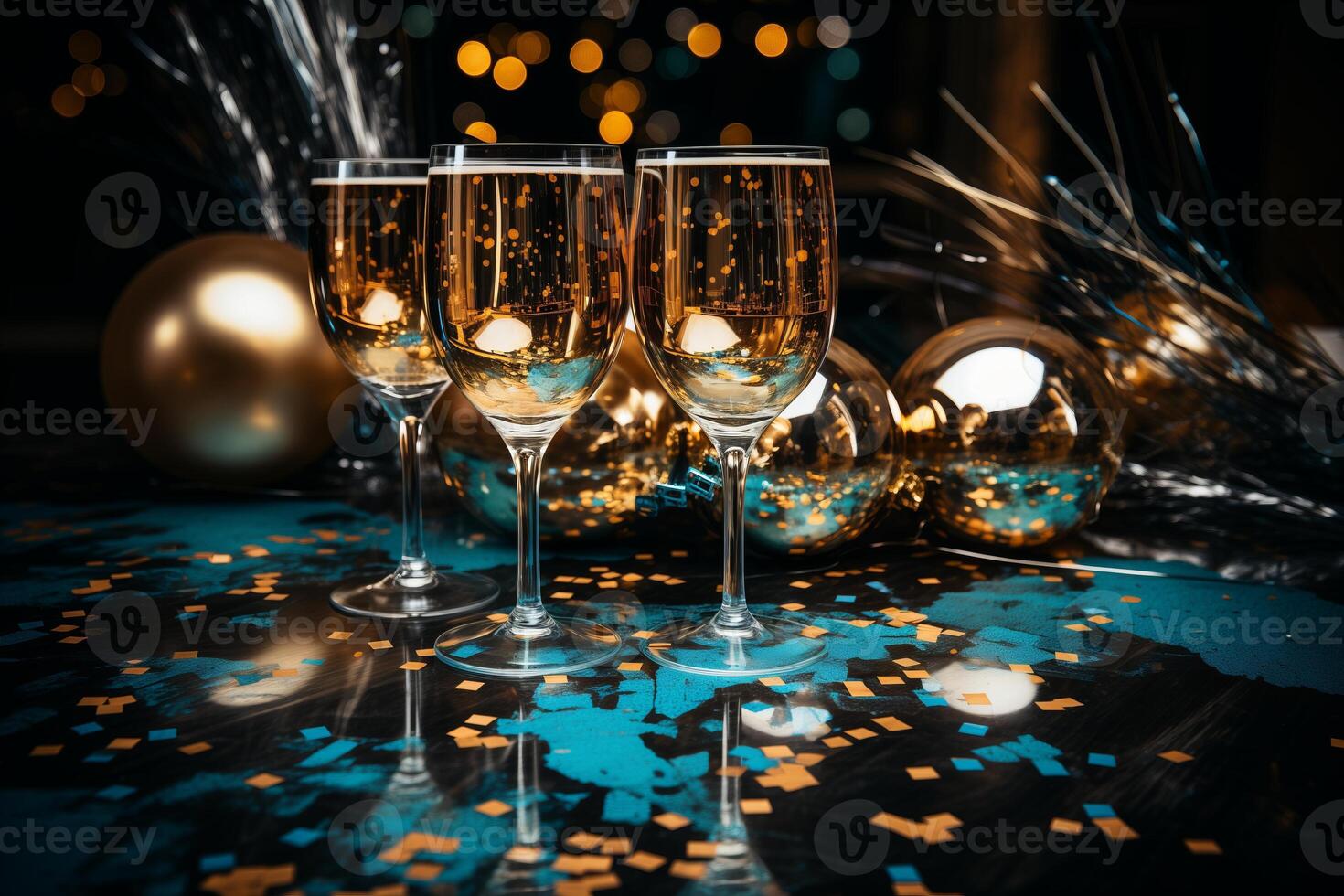 AI generated New Year's glass of champagne with Christmas balls and lights with free space for text. Festive background with decorations and gifts. Holiday card, banner, flyer, poster mockup. photo