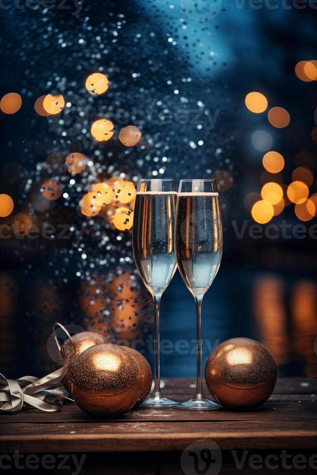 AI generated New Year's glass of champagne with Christmas balls and lights with free space for text. Festive background with decorations and gifts. Holiday card, banner, flyer, poster mockup. photo