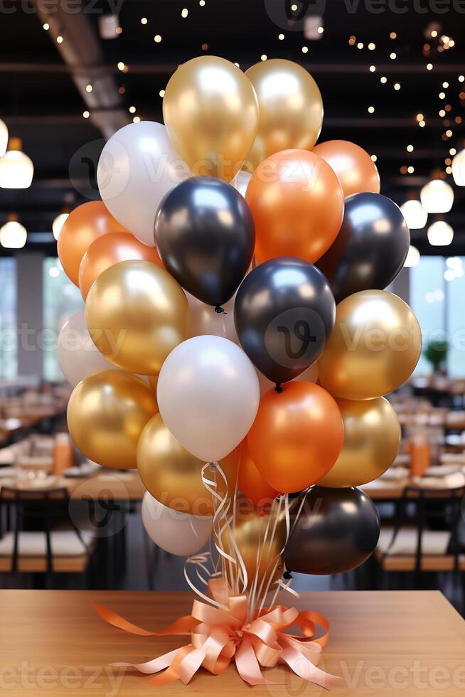 AI generated A cluster of black and gold balloons floating in the air, creating a festive and elegant atmosphere. photo