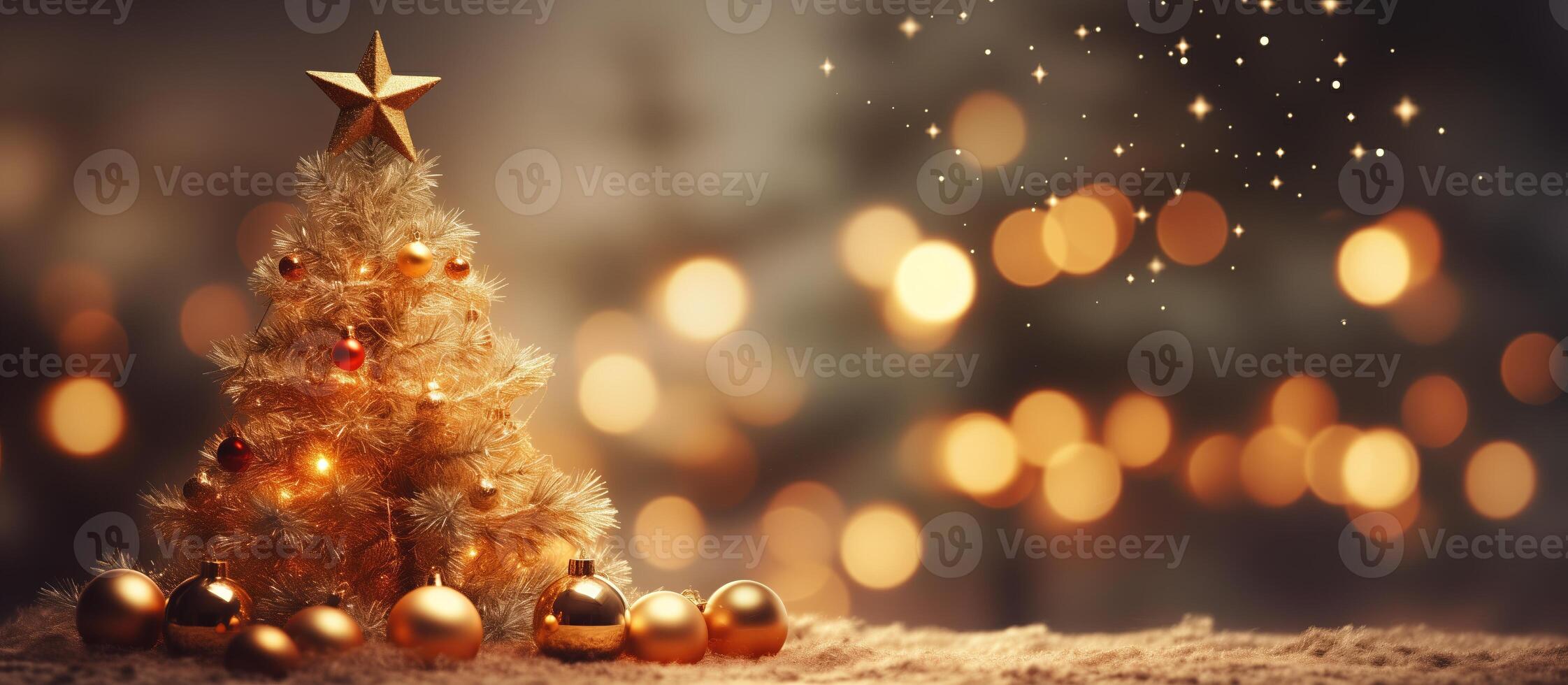 AI generated Golden Christmas tree with toys with free space for text. Festive background with decorations and gifts. New Year card, banner, flyer, poster mockup. photo
