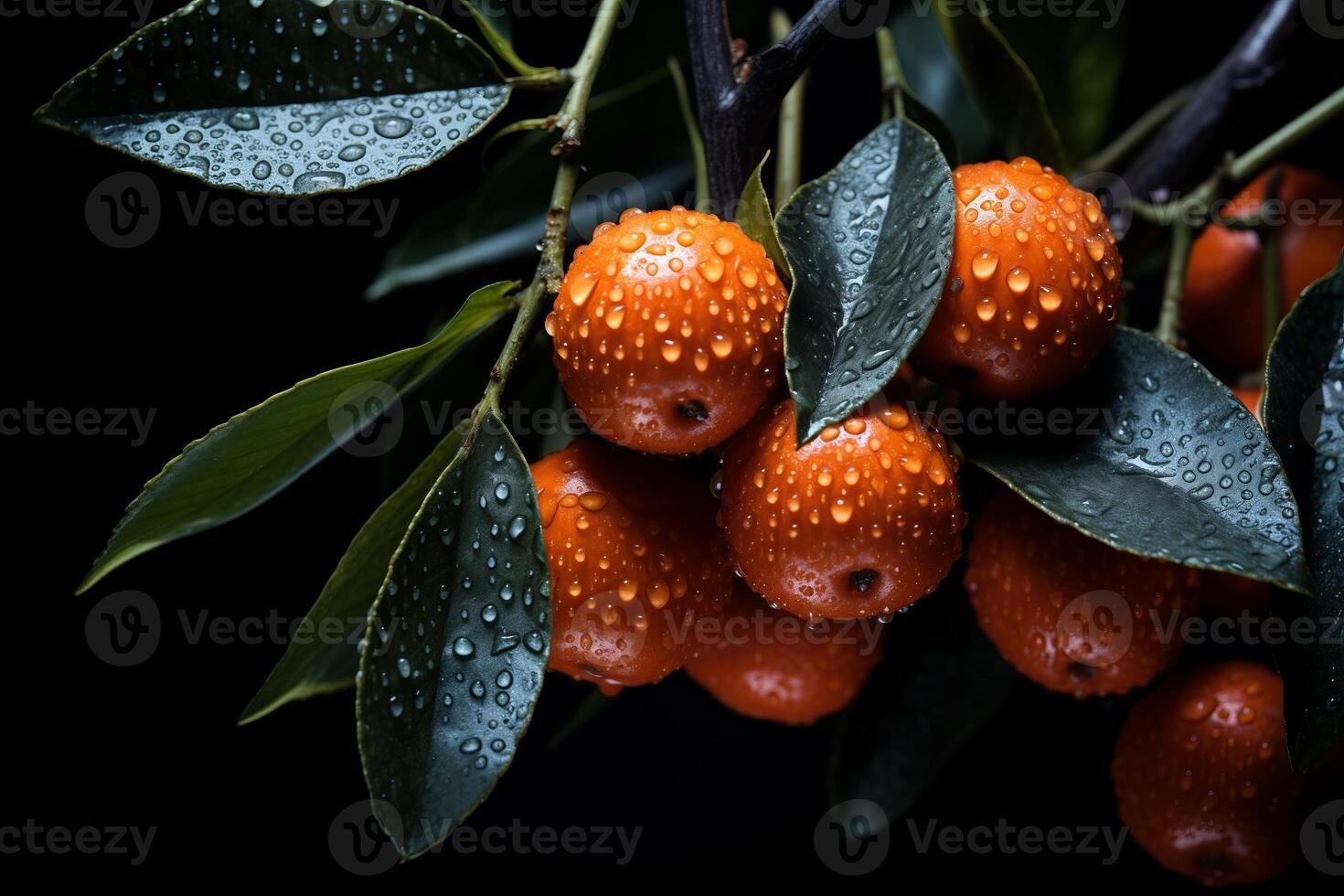 AI generated Bunches of ripe orange sea buckthorn berries hang from tree branches, ready to be picked. photo