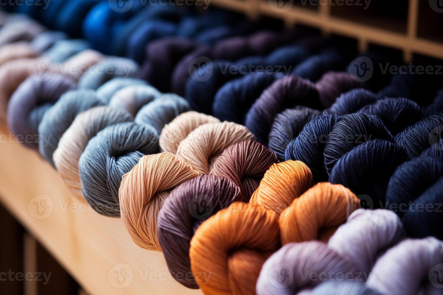 AI generated Multiple skeins of colorful yarn neatly stacked on top of each other. photo