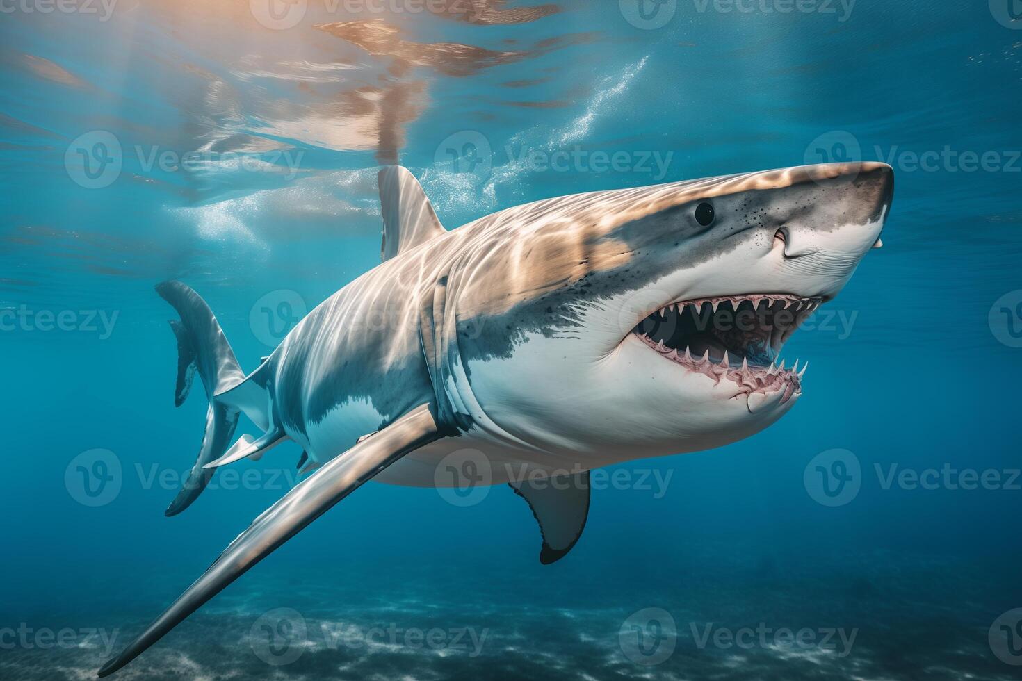 AI generated A shark in the water with its mouth wide open, displaying rows of sharp teeth. photo