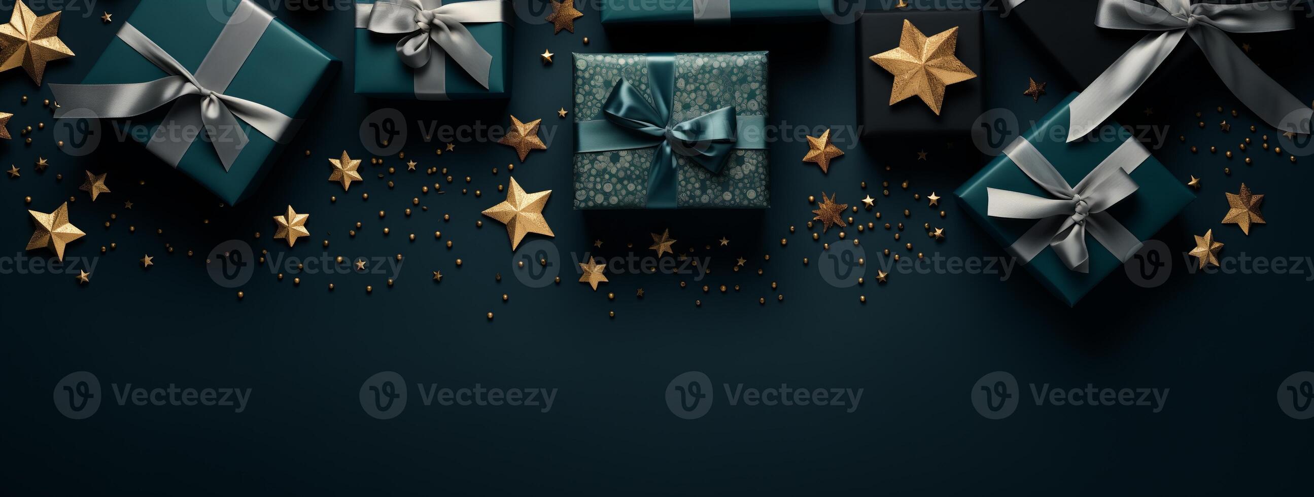 AI generated Christmas background with decorations and gifts. Green boxes with presents. New Year Greeting card, banner, flyer, poster with copy space. photo