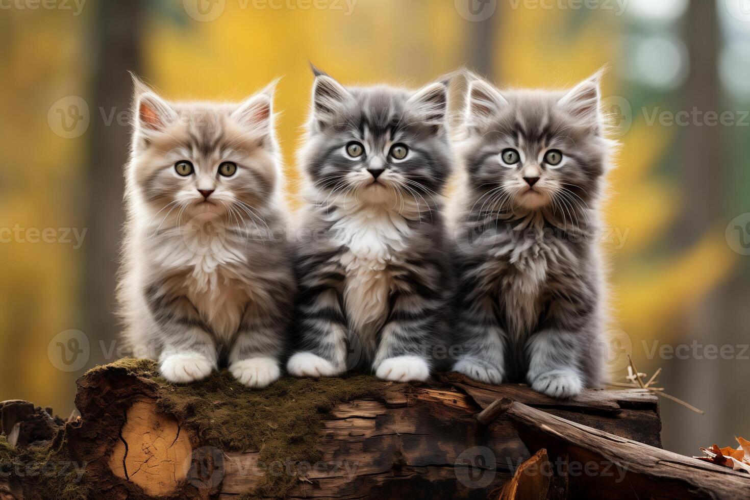 AI generated Three adorable kittens with fluffy fur, sitting closely together in a row with curious expressions on their faces. photo