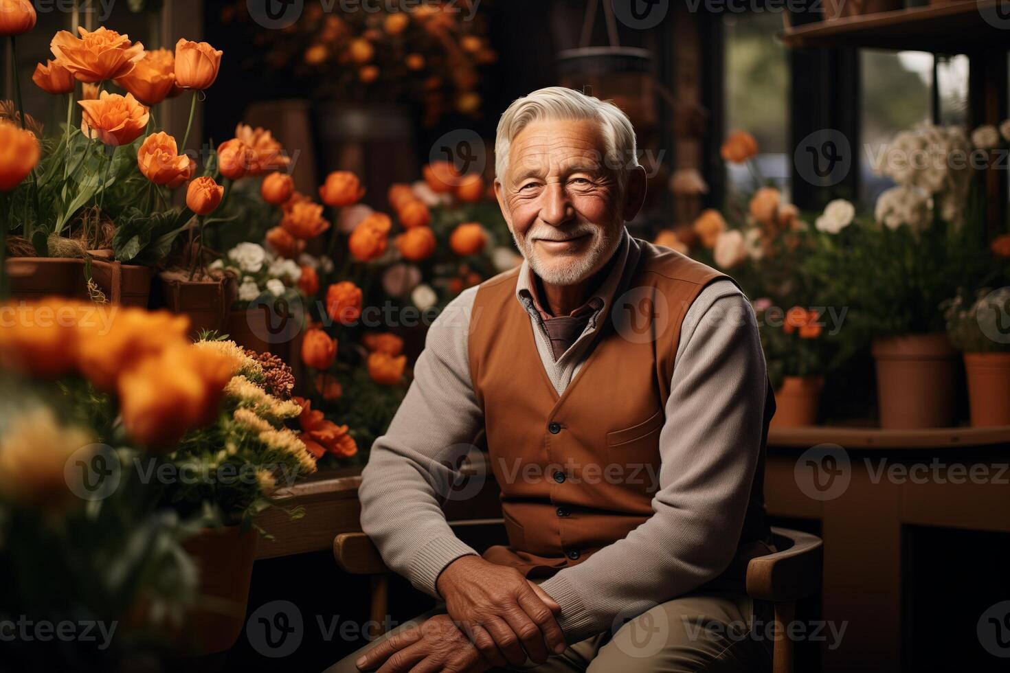 AI generated A man is seated in front of a large arrangement of colorful flowers, observing them in a garden setting. photo