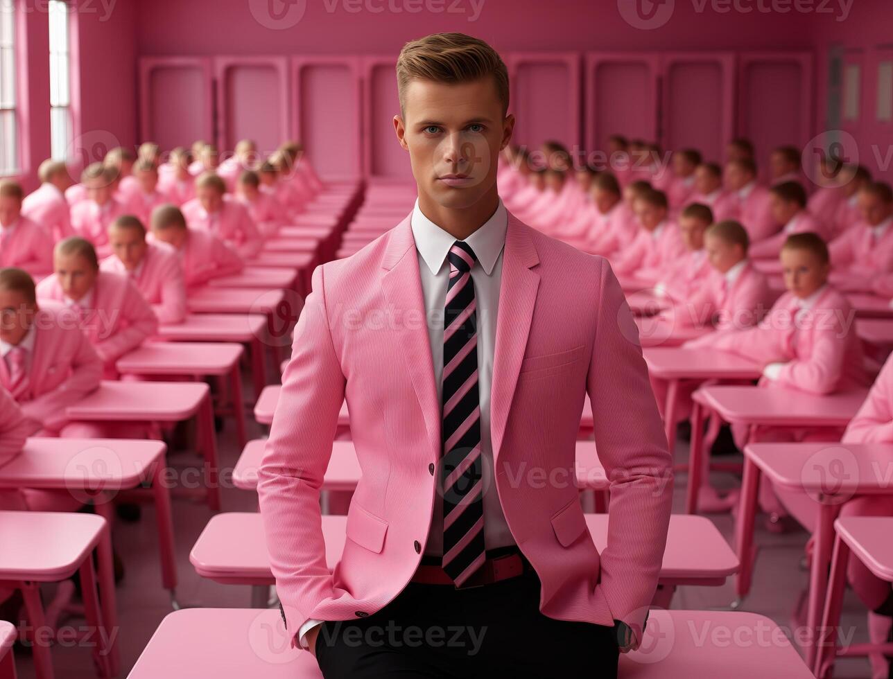 AI generated A man in a pink suit and tie standing in front of a classroom full of students, delivering a lecture or presentation. photo