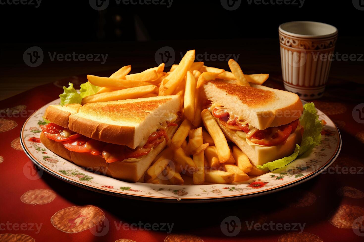 AI generated A plate of golden crispy fries and grilled sandwiches with condiments. photo