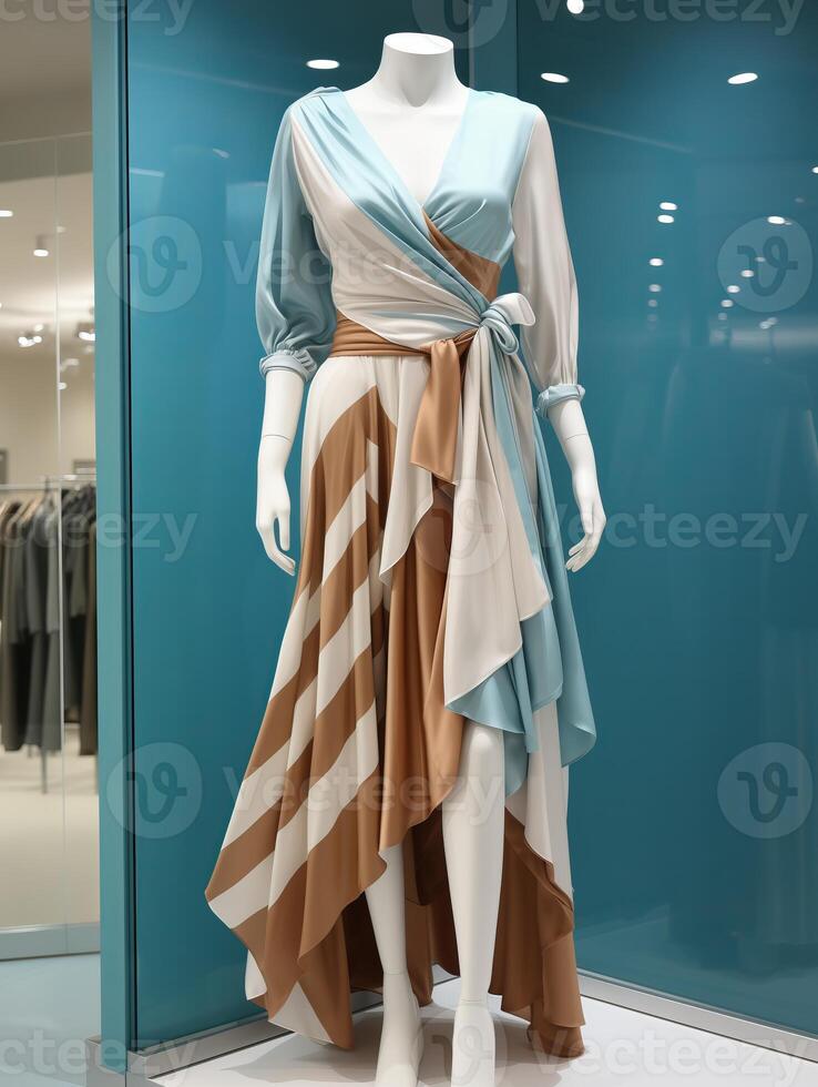 AI generated A mannequin dressed in a white and orange dress displayed in a store window. photo