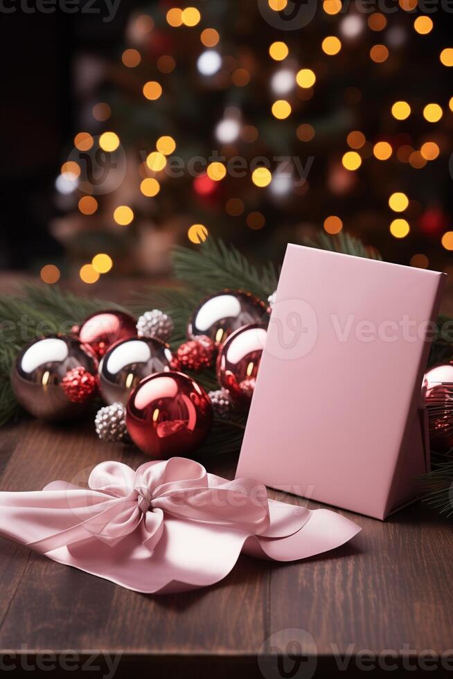 AI generated Letter to Santa with free space for text. Festive background with decorations and gifts. New Year card, banner, flyer, poster mockup. Dreams Come True. photo