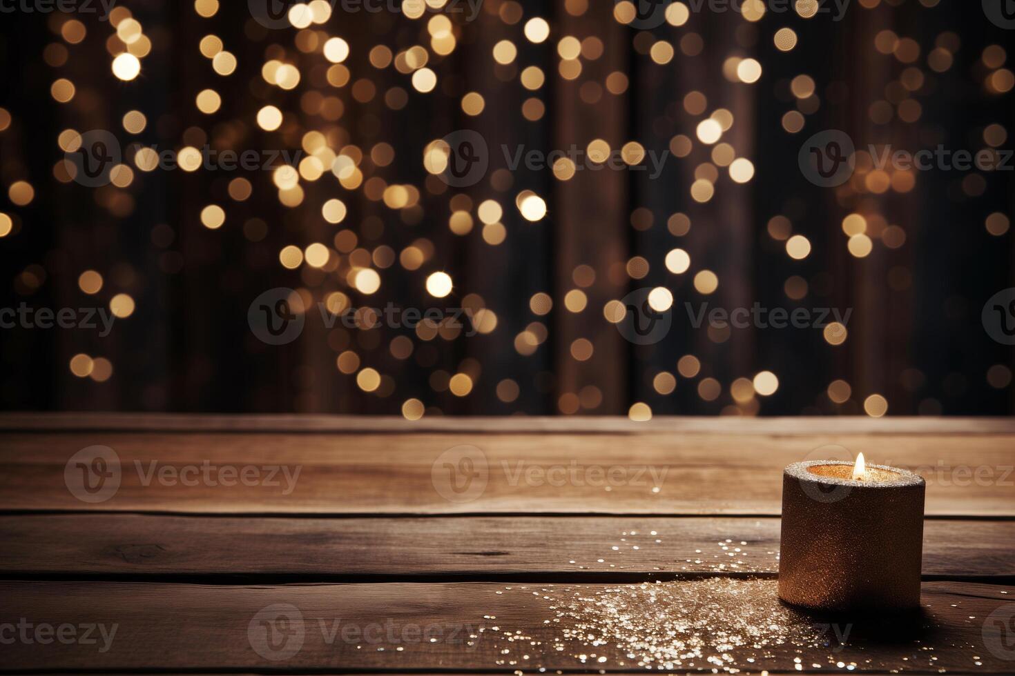 AI generated Holiday background banner with free space for text. Festive greeting card mockup. Wooden surface with candles and garland on the wall. photo