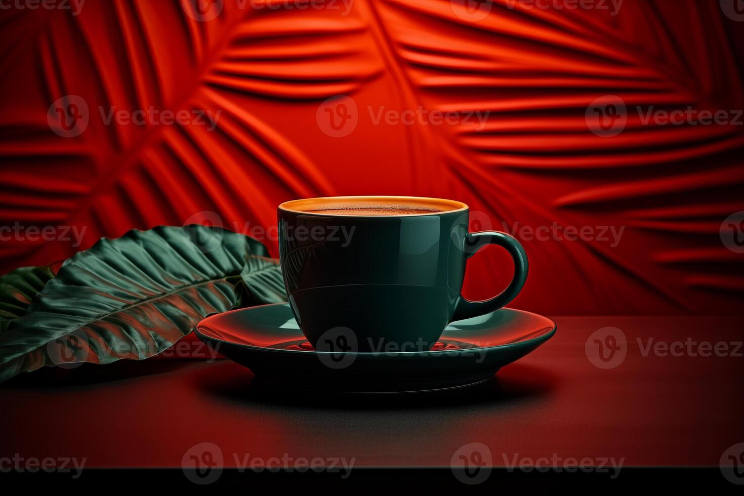 AI generated A ceramic cup filled with coffee resting on a green saucer against a neutral background. photo