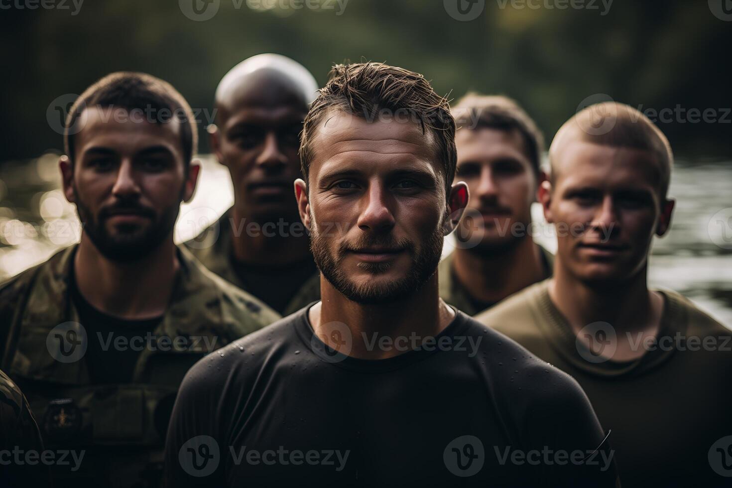 AI generated A group of men are standing next to each other in a row, looking towards the camera. photo