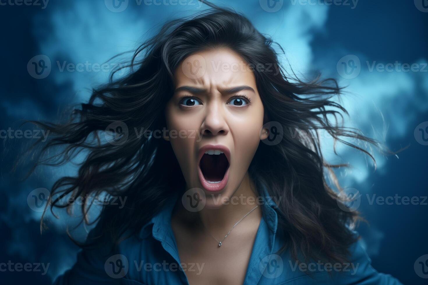 AI generated A woman showing a surprised look on her face, with widened eyes and open mouth, indicating astonishment or shock. photo