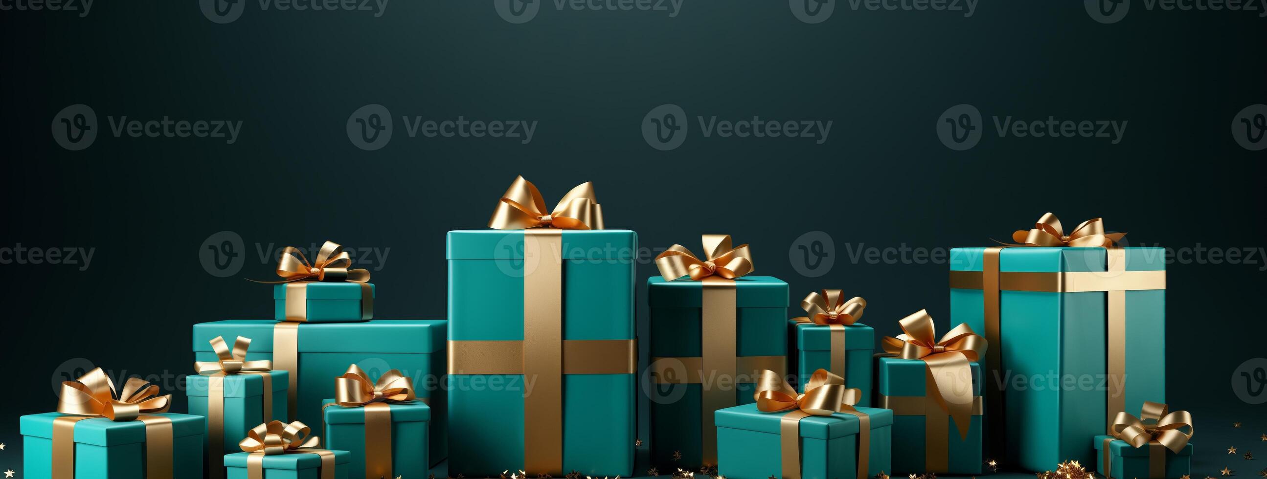 AI generated Christmas background with decorations and gifts. Green boxes with presents. New Year Greeting card, banner, flyer, poster with copy space. photo
