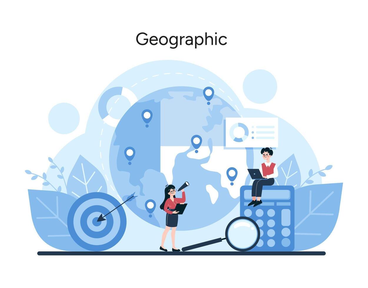 Illustration depicts global market analysis with a focus on regional consumer targeting and strategy development vector
