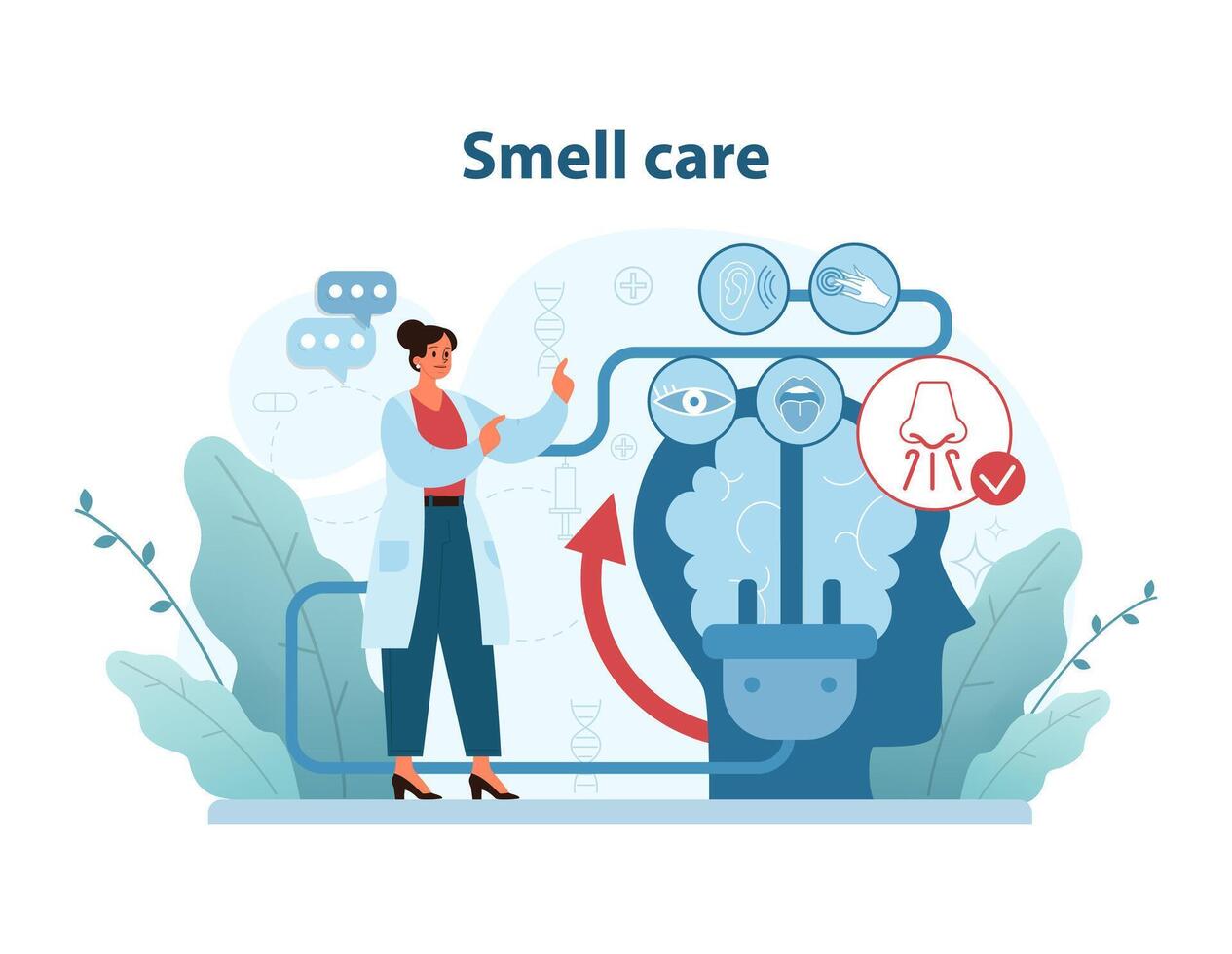 oler cuidado conciencia ilustración. un experto demuestra métodos a mantener un sano sentido de oler. vector