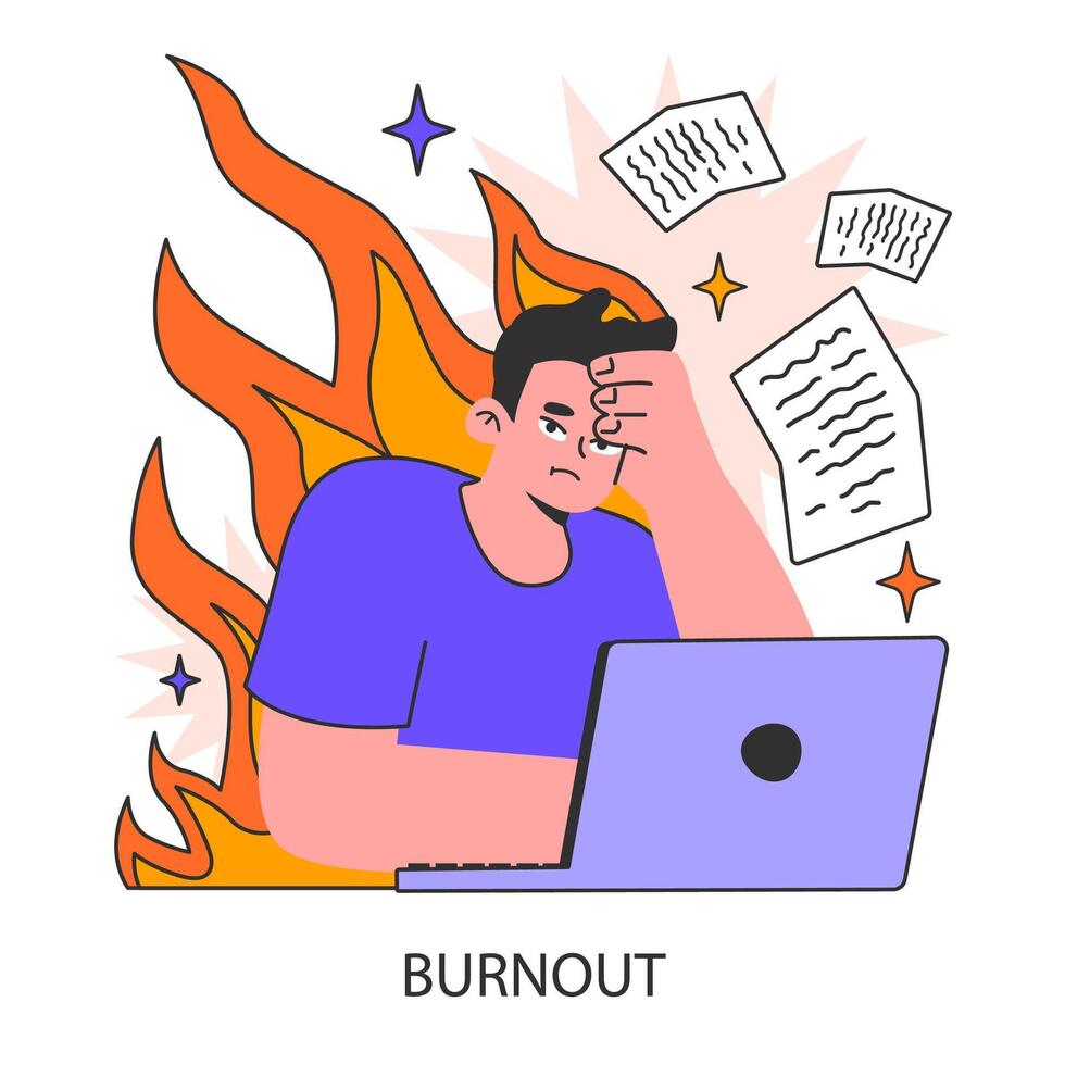 Work burnout. Distressed man surrounded by flame and floating vector