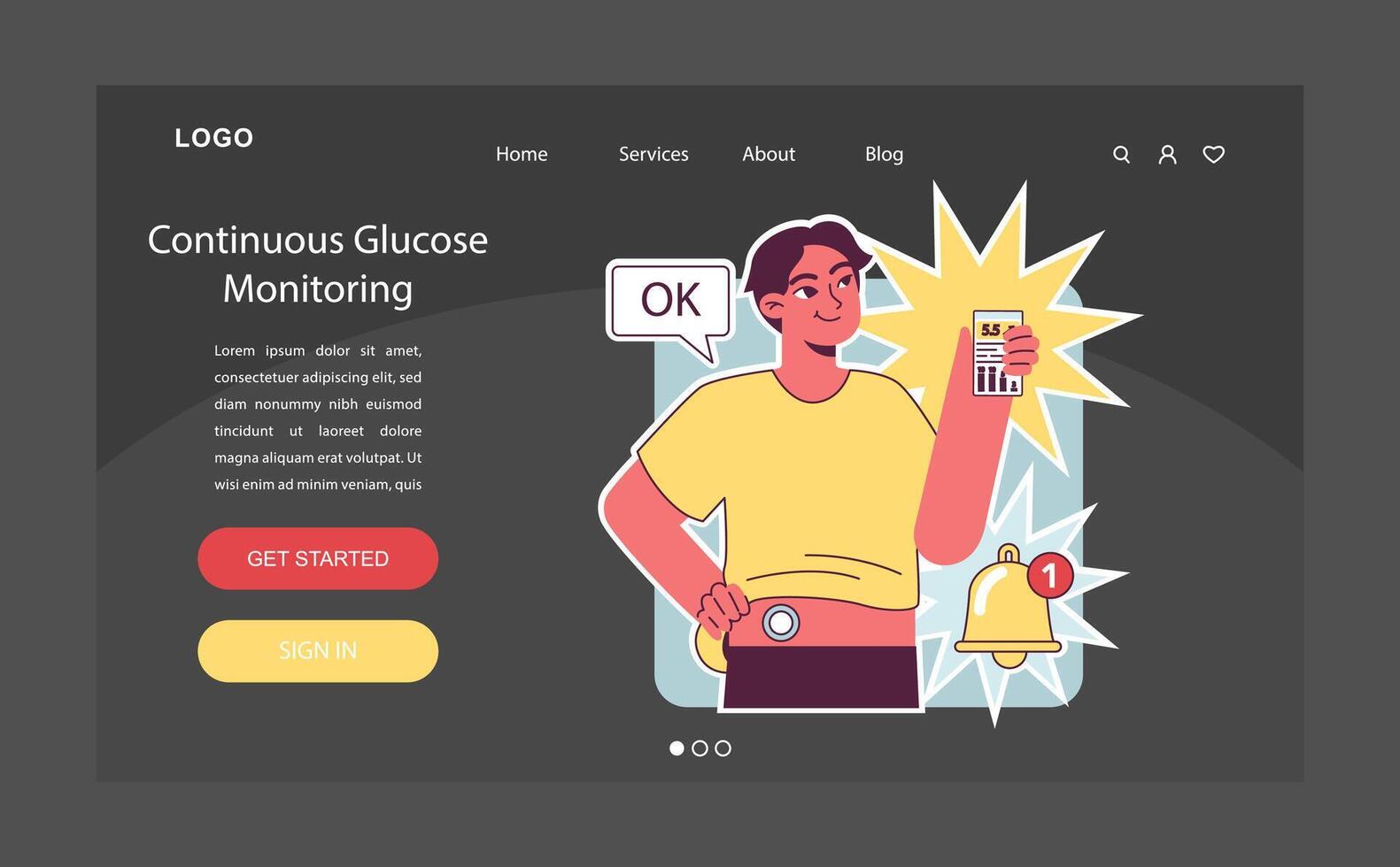 Diabetes web banner or landing page dark or night mode. Measuring vector