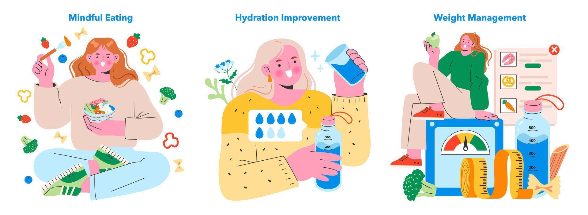 sano estilo de vida opciones colocar. atractivo visuales en consciente de comiendo, mejorando hidratación, y gerente peso con un equilibrado dieta. vector ilustración