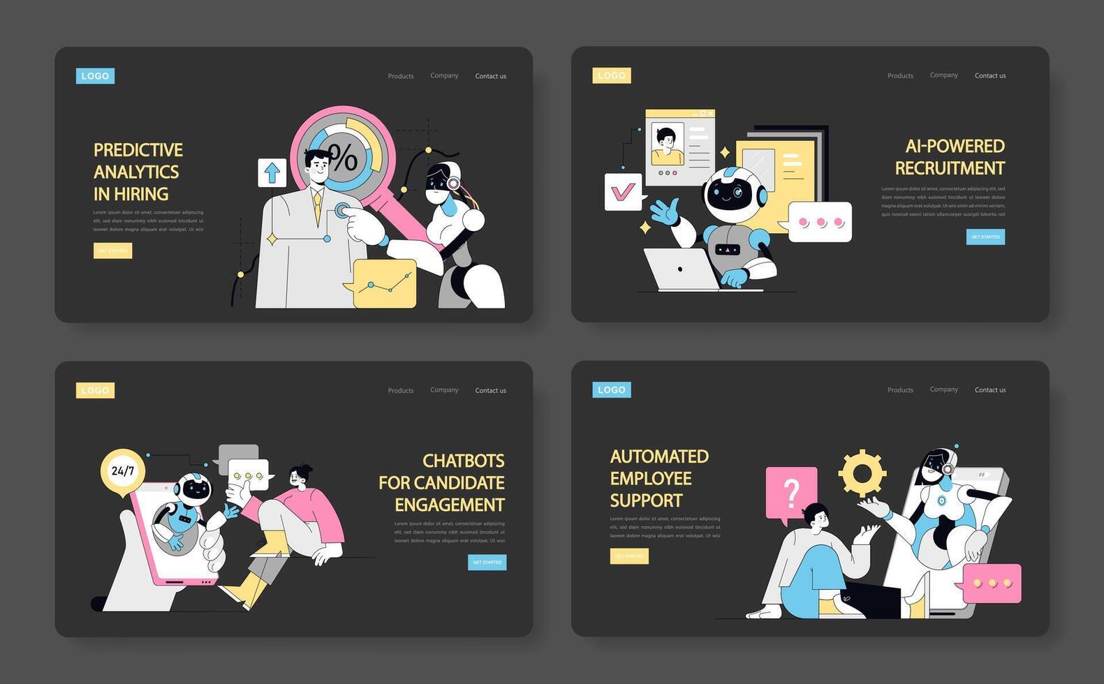 HR Automation set. Implementing predictive analytics in hiring, utilizing AI in recruitment, deploying chatbots for candidate interaction, offering automated employee support. Vector illustration