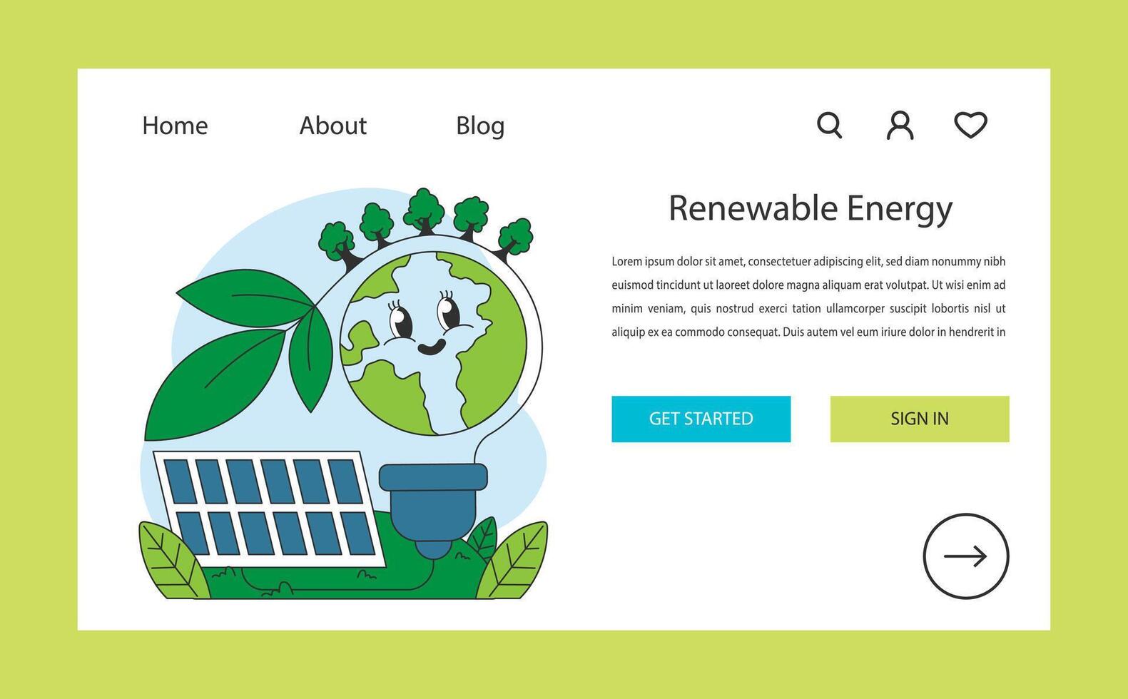 Renewable energy web banner or landing page. Smiley cartoon globe vector
