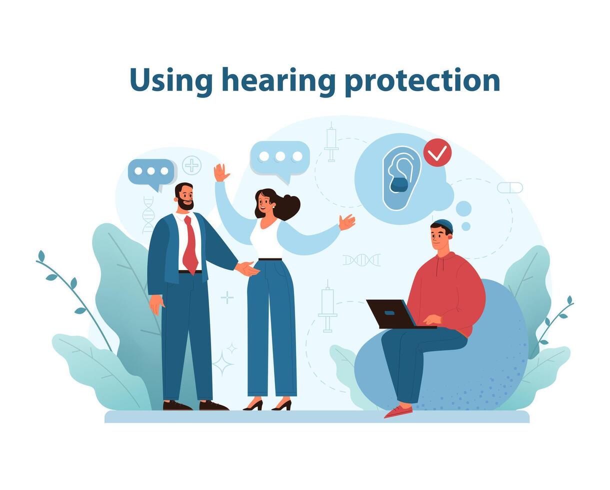 Hearing Protection Use. Engaging vector illustration showcasing individuals using.