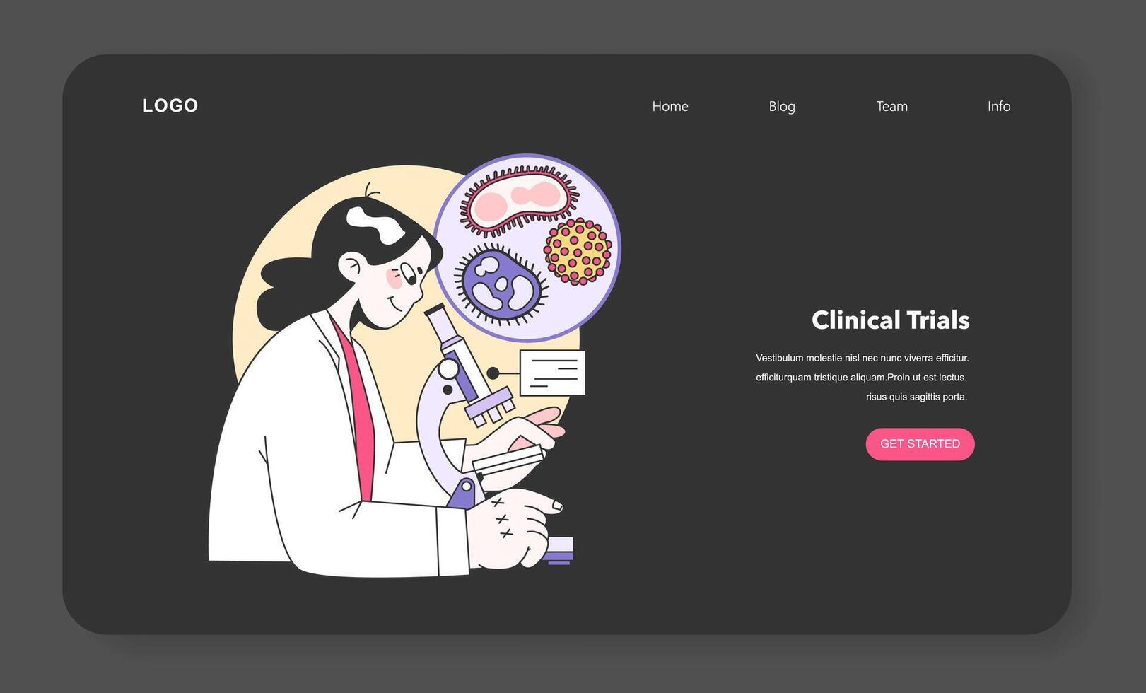 Medical research night or dark mode web banner or landing page. vector