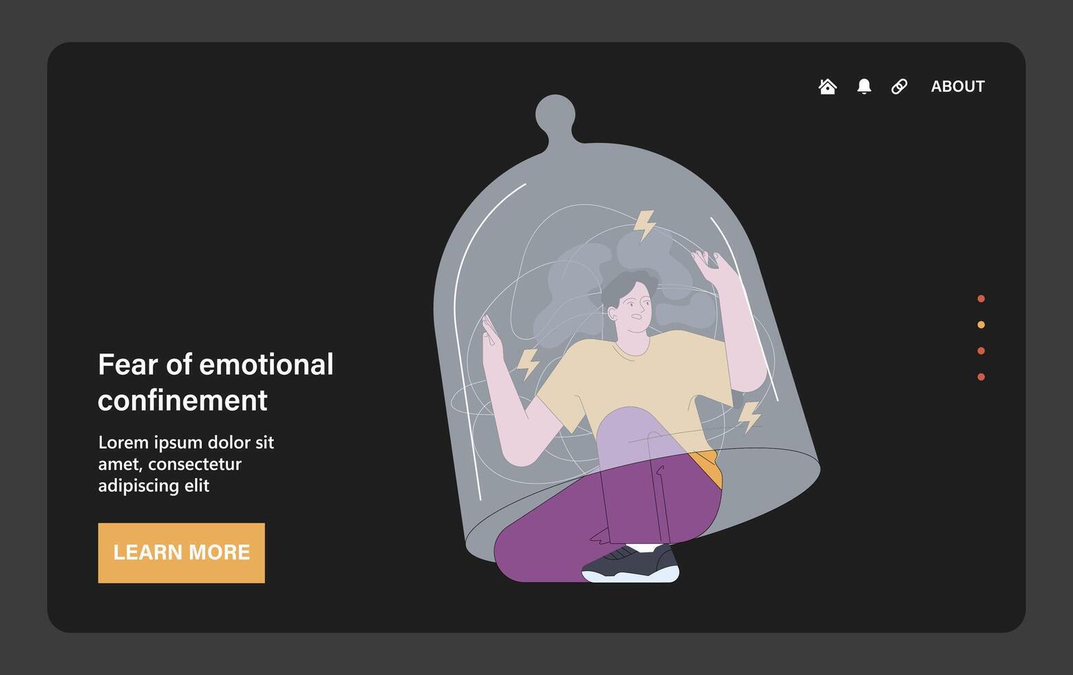 Fear of emotional confinement dark or night mode web, landing. Horrified vector