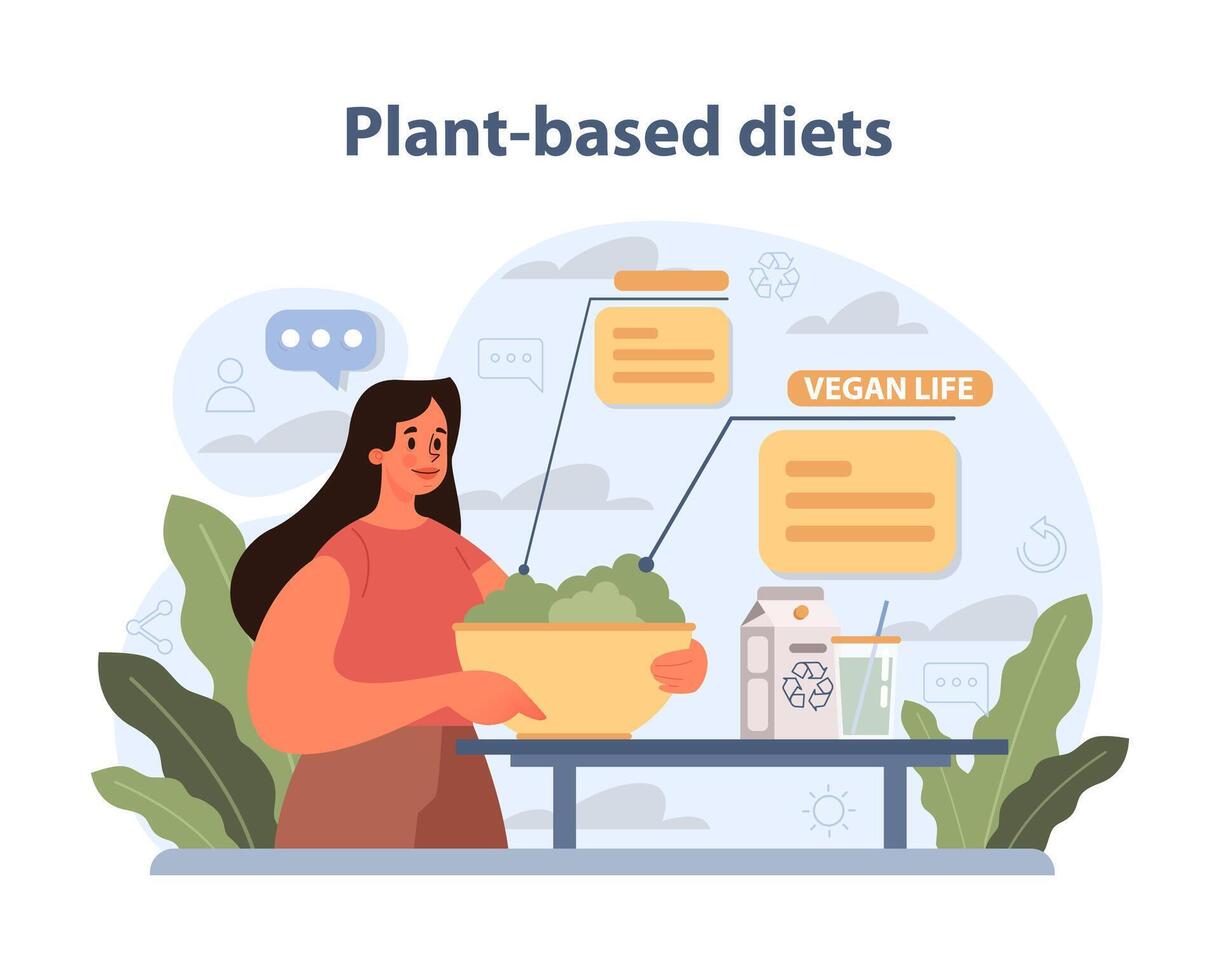 Plant-Based Diets Concept. A joyful woman prepares a large bowl of fresh greens. vector