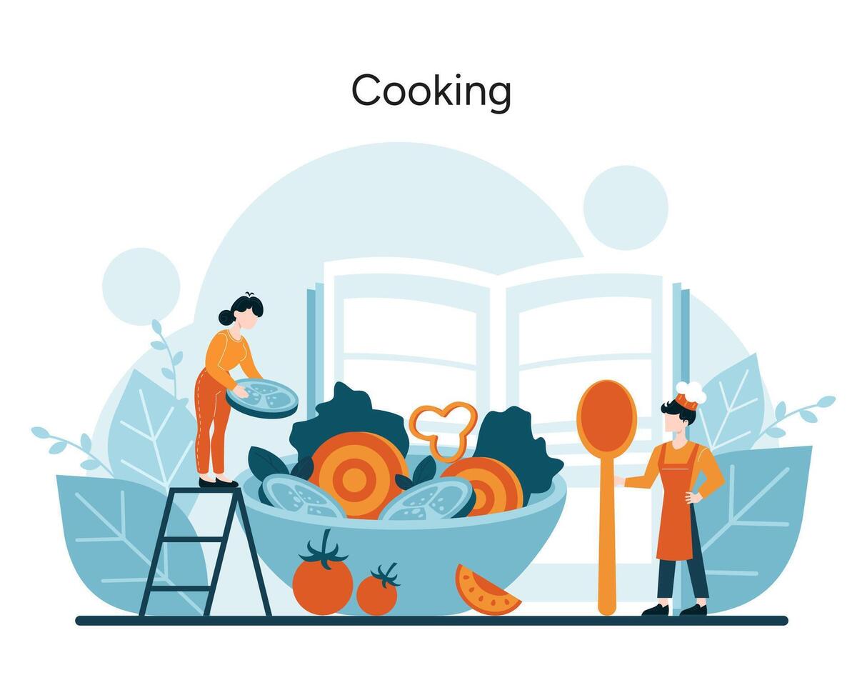 Animated chefs engage with recipes and ingredients, symbolizing culinary creativity and kitchen mastery vector