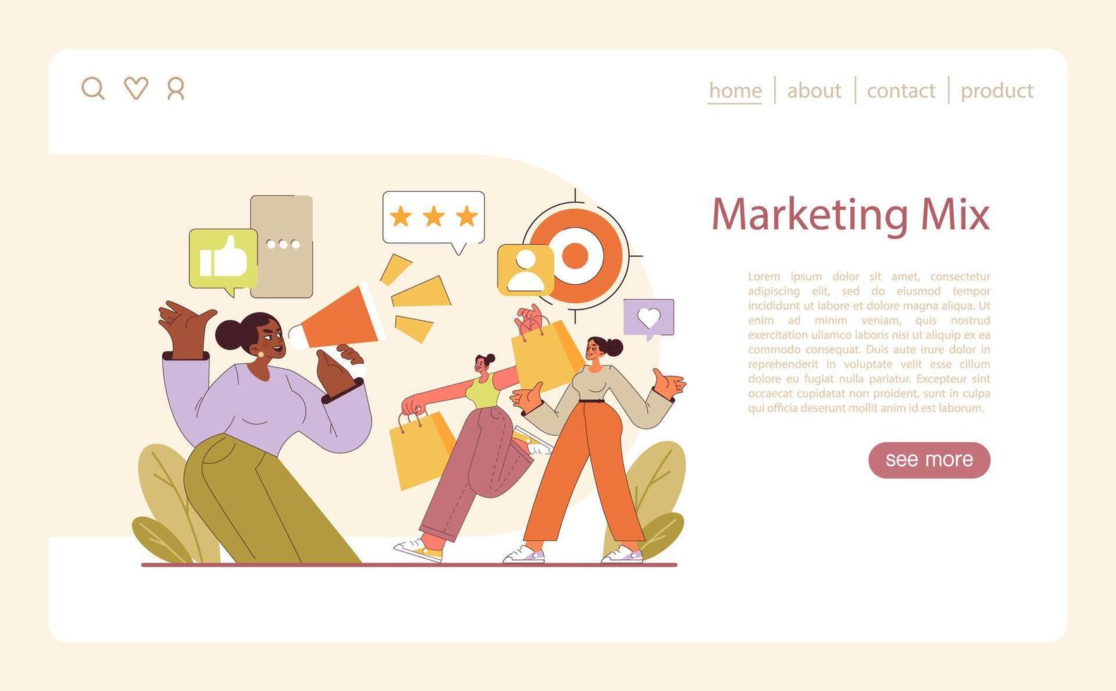 Marketing Mix strategy. Exuberant announcement of brand engagement and consumer interaction. vector