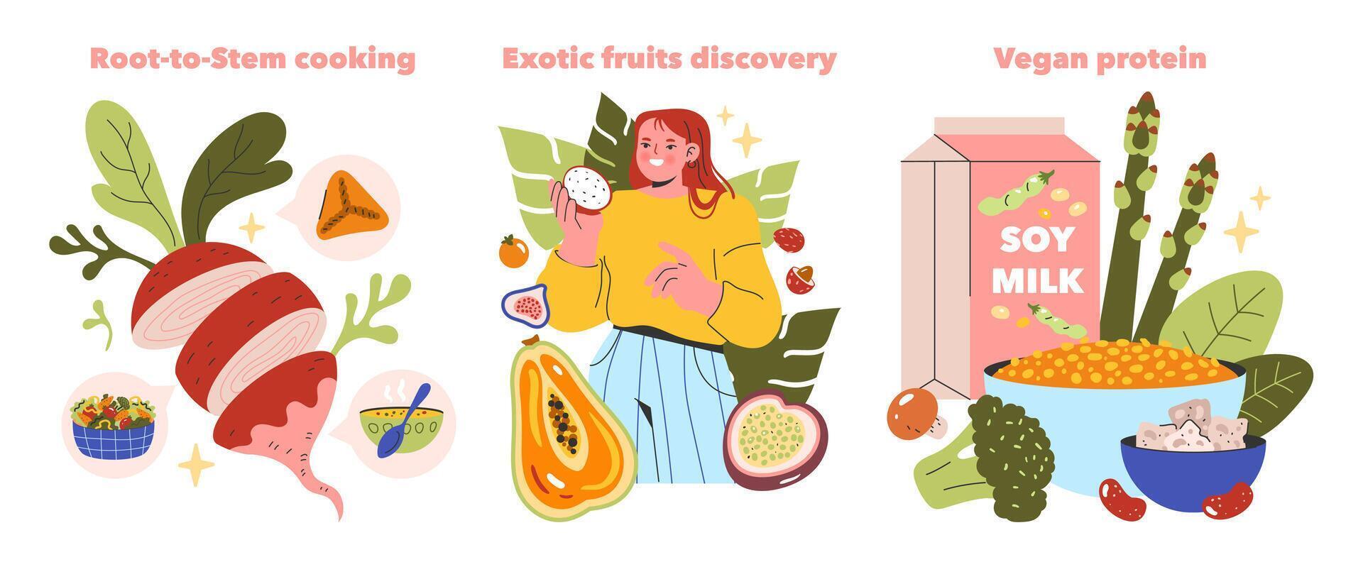 Emerging Ingredients Concept set. A fresh take on whole food utilization, exploring exotic fruits, and incorporating vegan proteins. Celebrating culinary innovation. Vector illustration