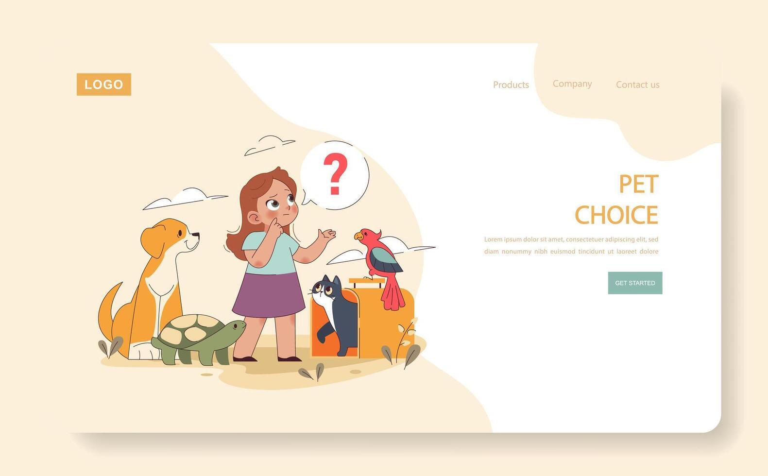 Children and Pets web or landing. A young girl considers various animals vector