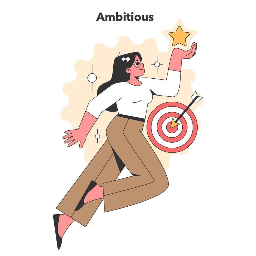 A vector illustration of an aspirational figure reaching for a star, embodying ambition with a backdrop of targets, symbolizing high goals and determination