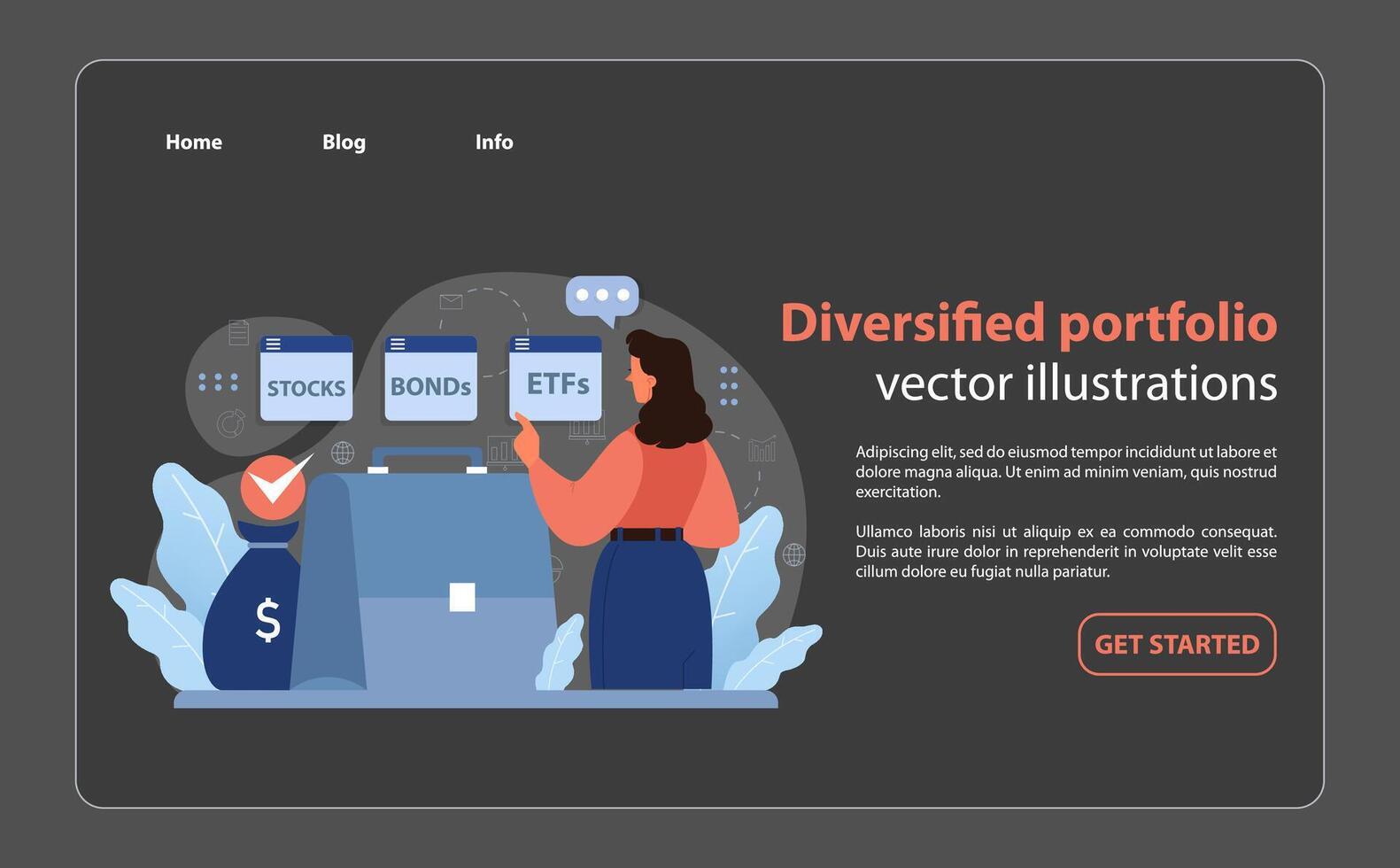 diversificado portafolio presentación con un mujer de negocios analizando plano vector ilustración.